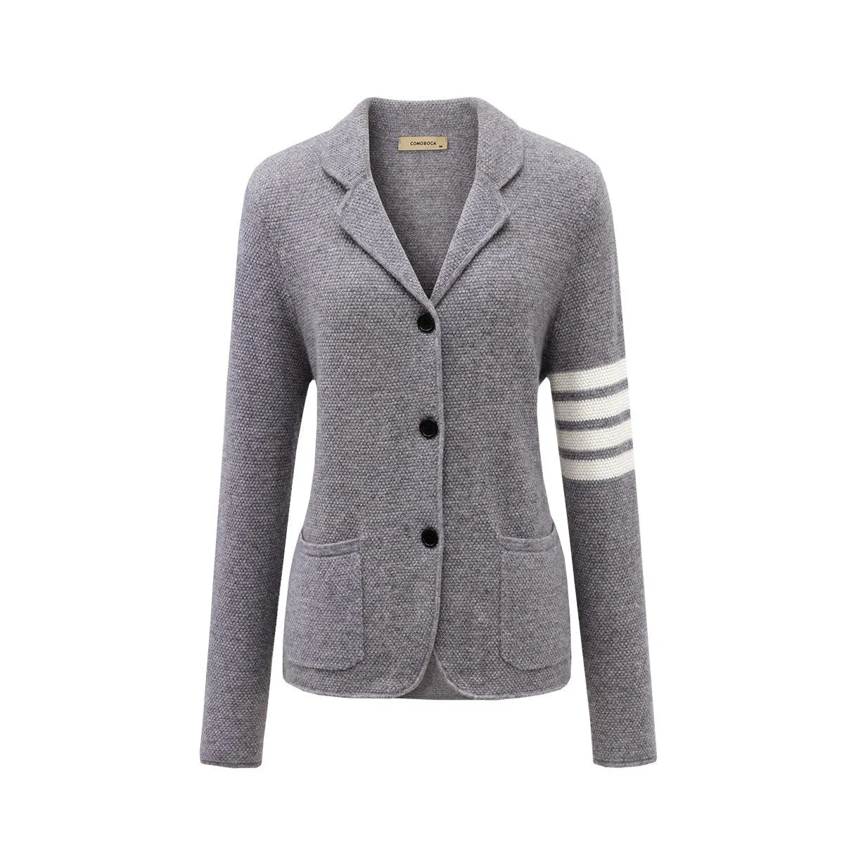 100% Cashmere Knitted Cardigan with Pockets and Striped Sleeve Detail