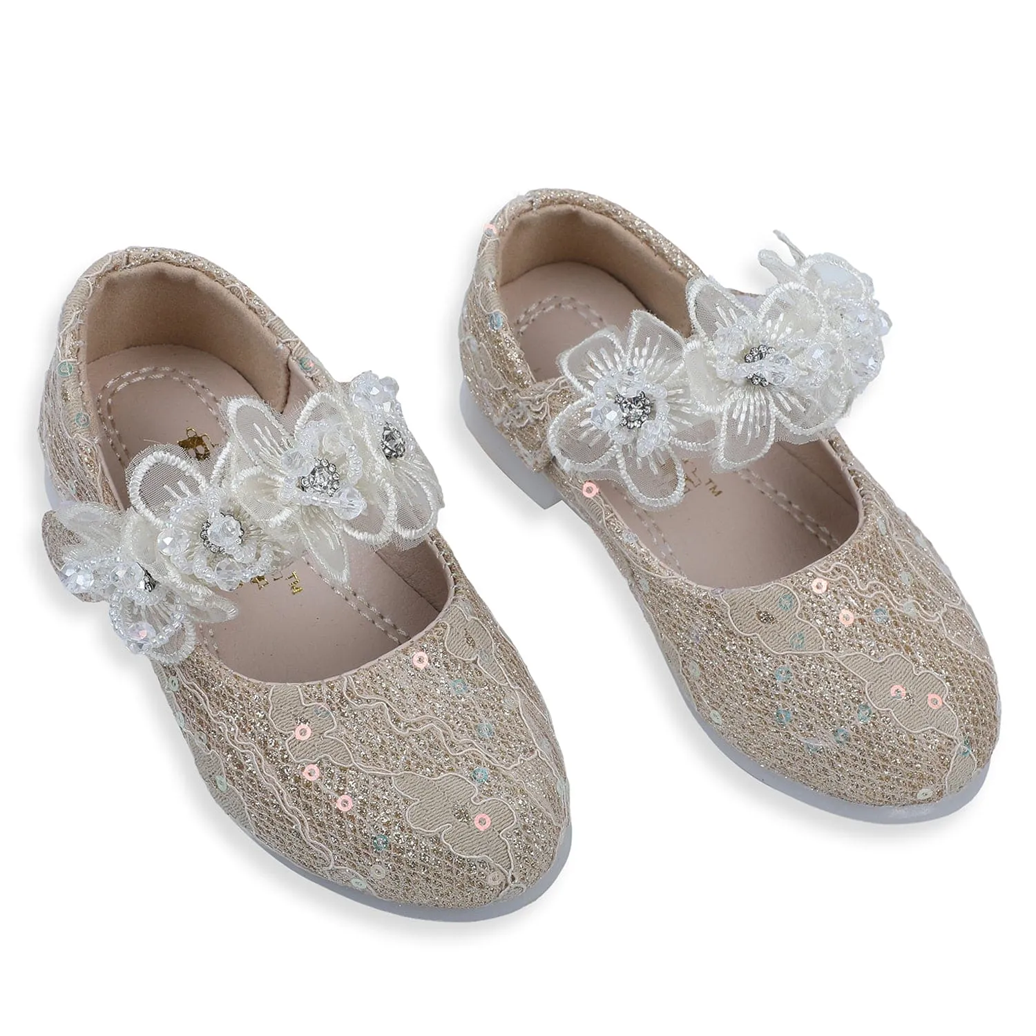 Baby Moo x Bash Kids Sequin And Floral Lace Mary Jane Ballerinas - Gold