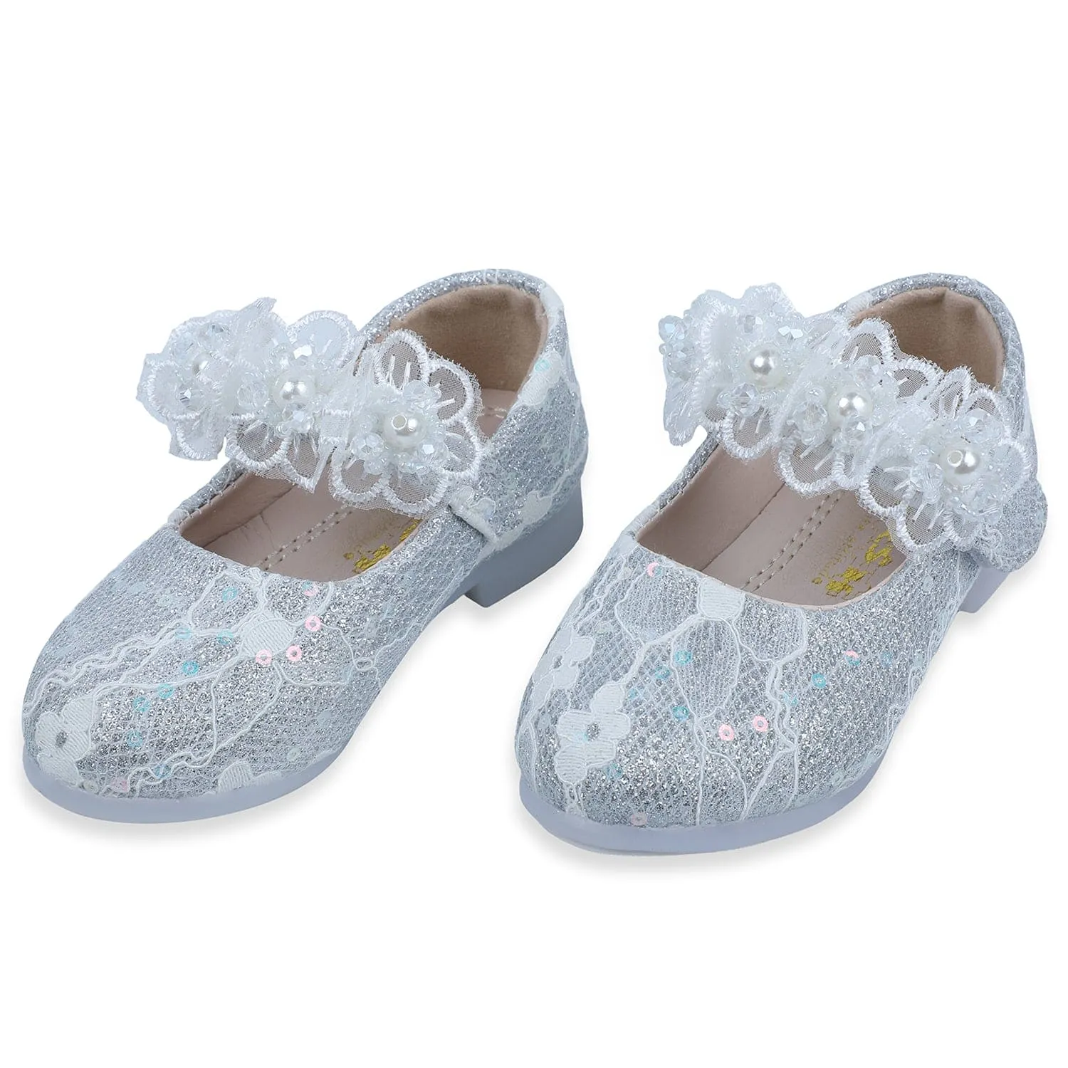 Baby Moo x Bash Kids Sequin And Floral Lace Mary Jane Ballerinas - Silver