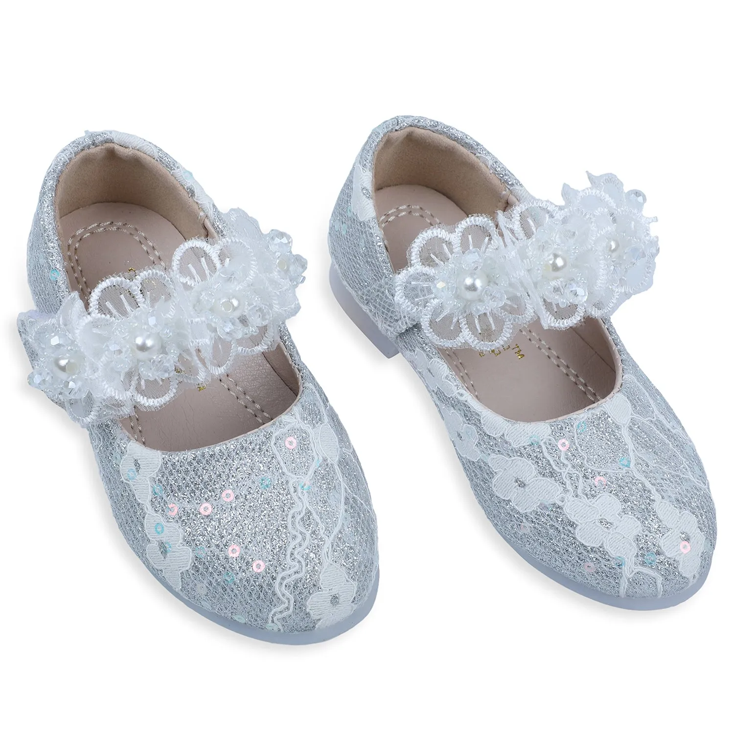 Baby Moo x Bash Kids Sequin And Floral Lace Mary Jane Ballerinas - Silver