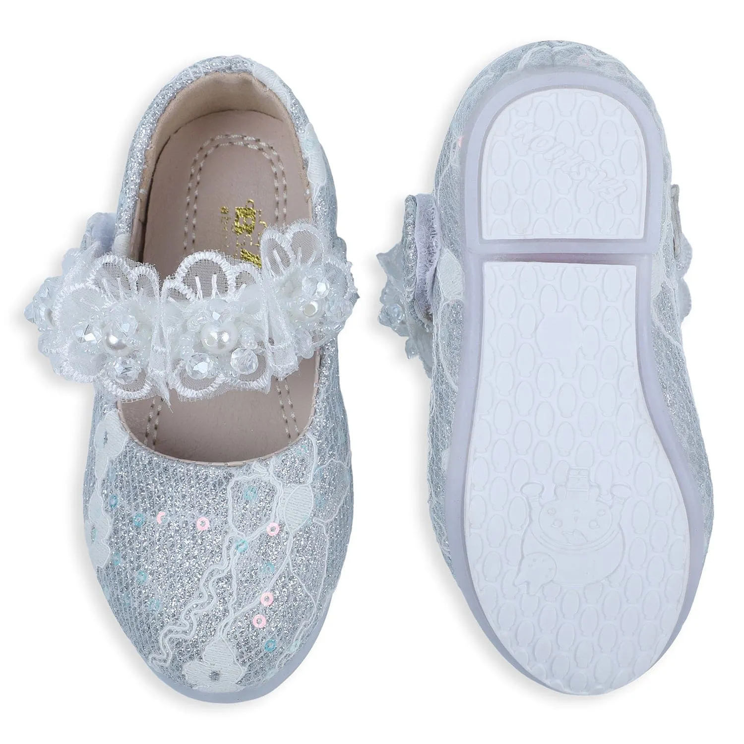 Baby Moo x Bash Kids Sequin And Floral Lace Mary Jane Ballerinas - Silver