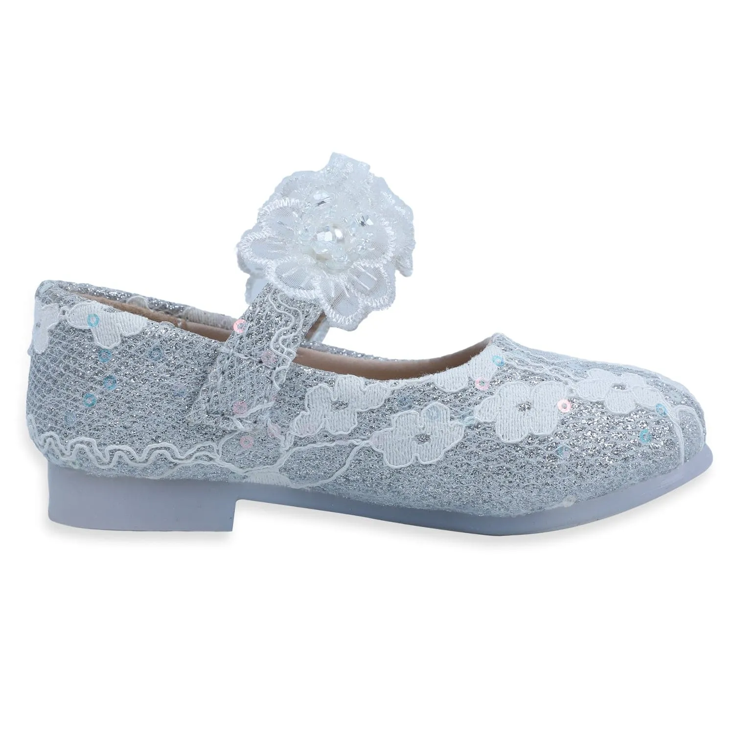 Baby Moo x Bash Kids Sequin And Floral Lace Mary Jane Ballerinas - Silver