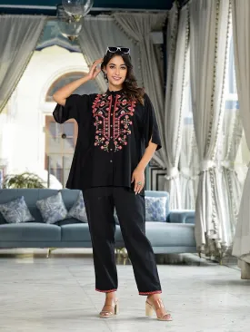 Black Thread Embroidered Liva Rayon Tunic Pant Set With Mirror Work & Buttons