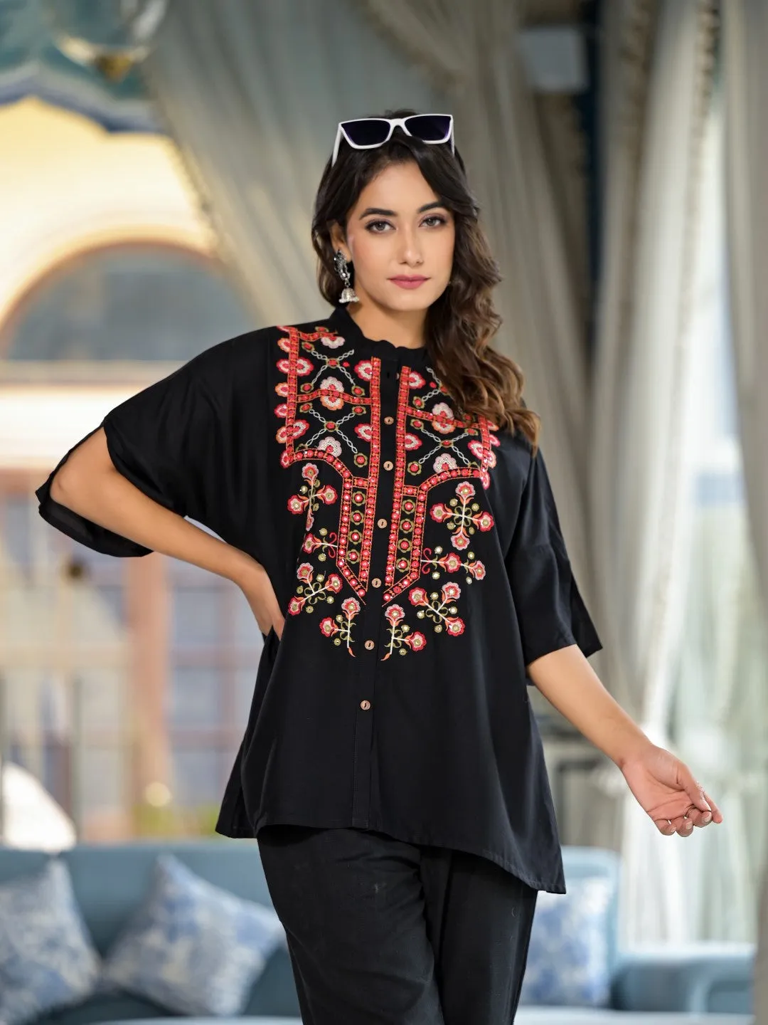 Black Thread Embroidered Liva Rayon Tunic Pant Set With Mirror Work & Buttons