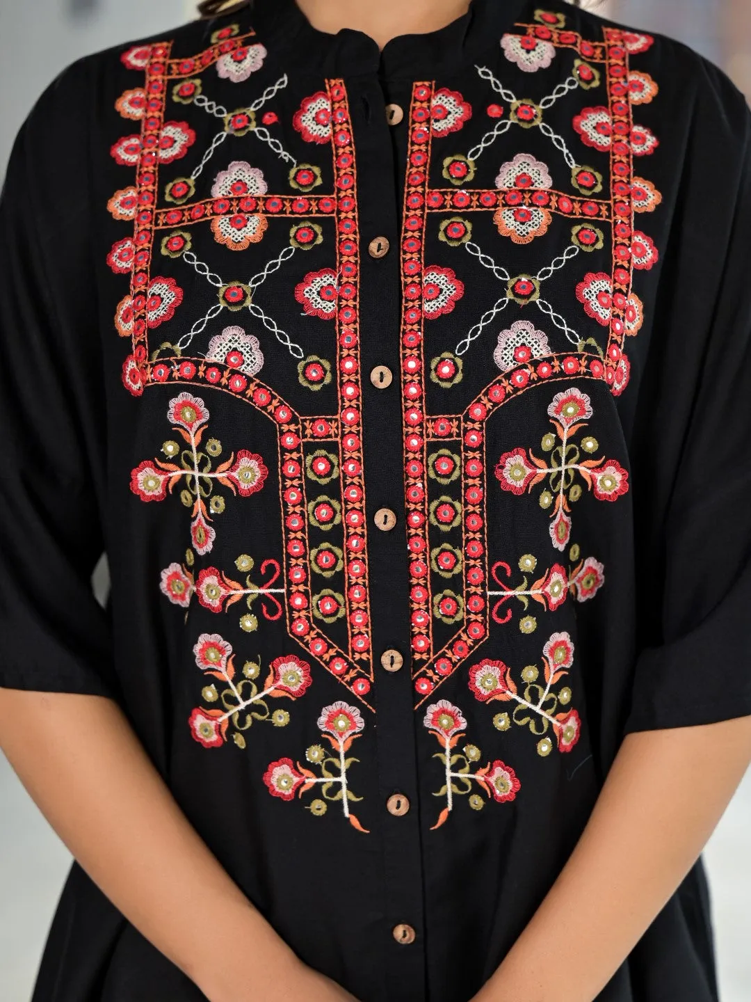 Black Thread Embroidered Liva Rayon Tunic Pant Set With Mirror Work & Buttons