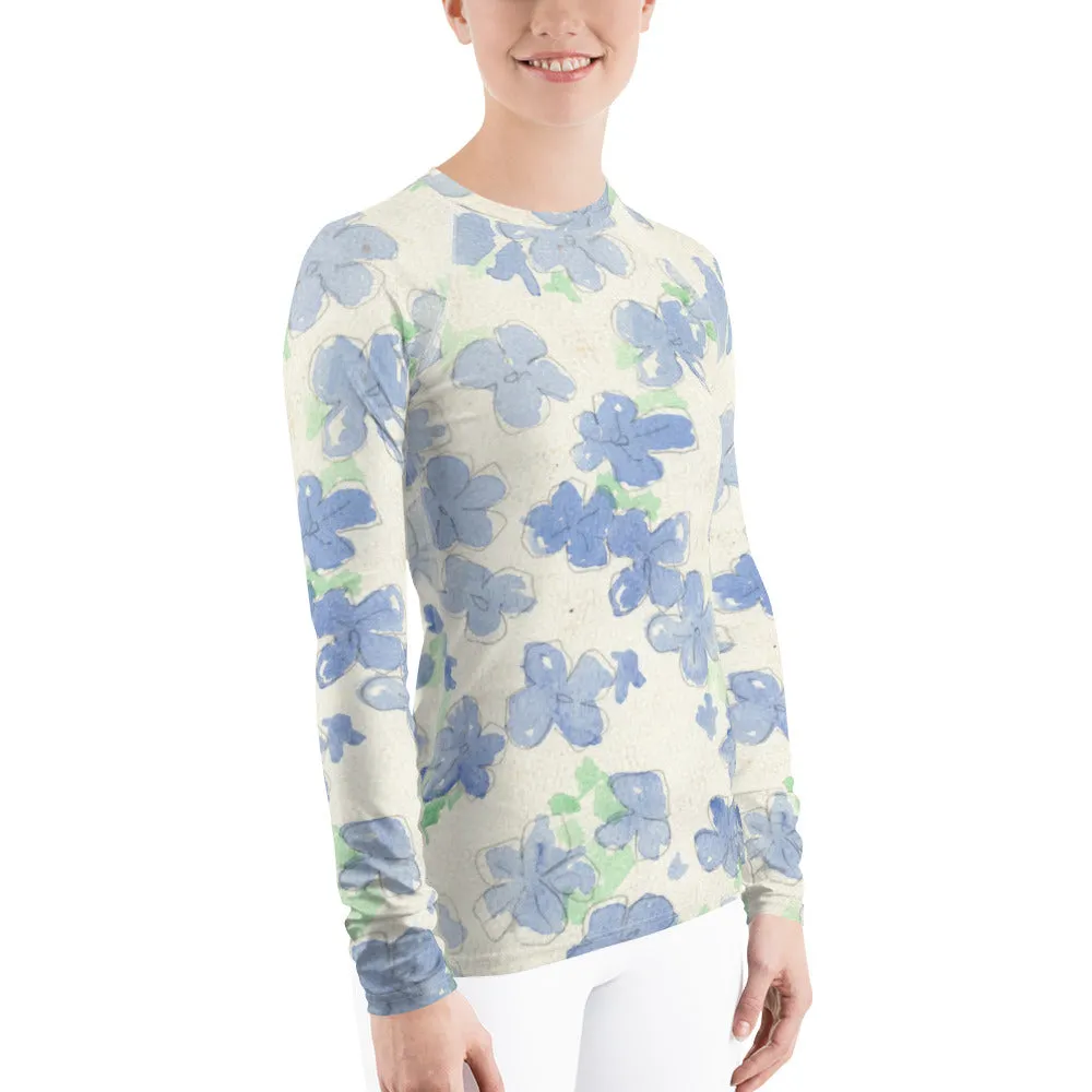 Blu&White Watercolor Floral Long Sleeve Tops