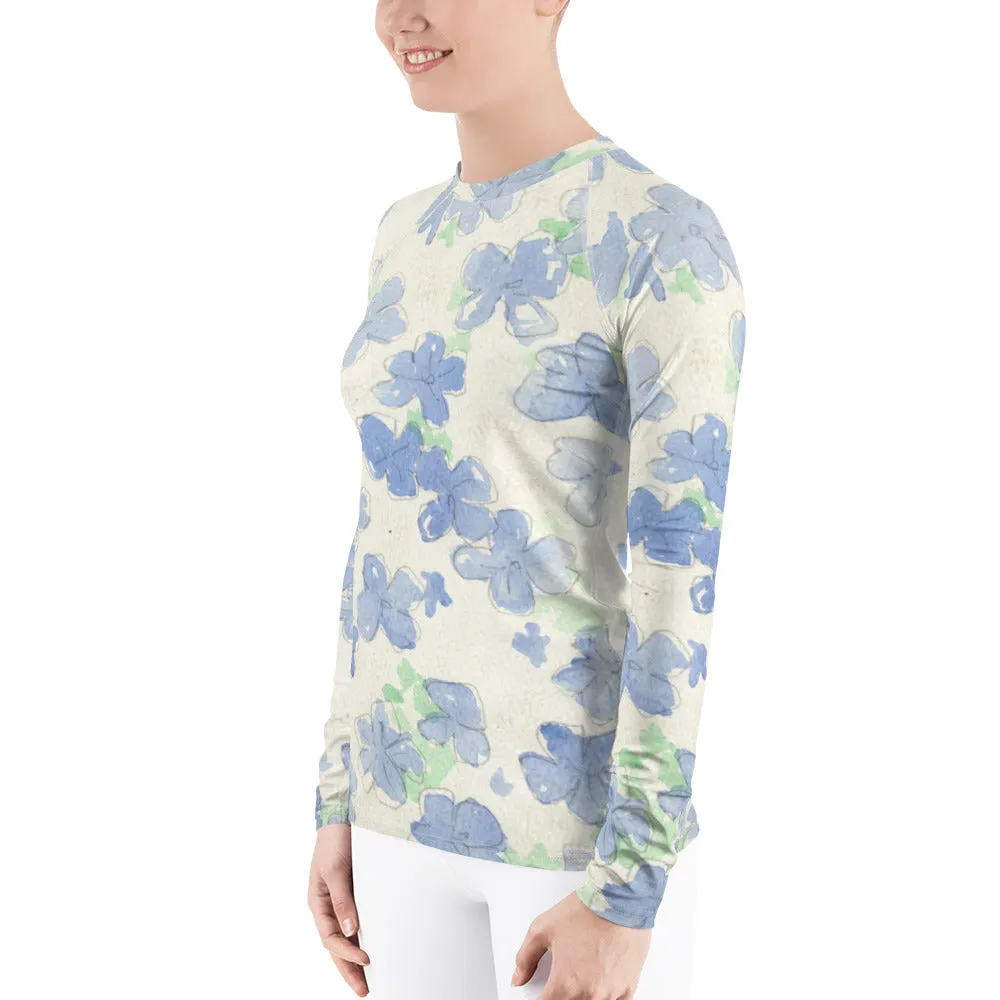 Blu&White Watercolor Floral Long Sleeve Tops