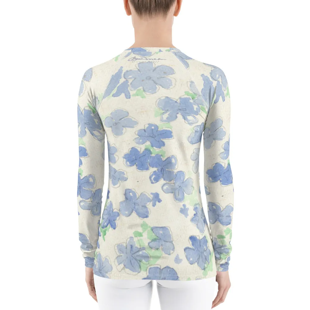 Blu&White Watercolor Floral Long Sleeve Tops