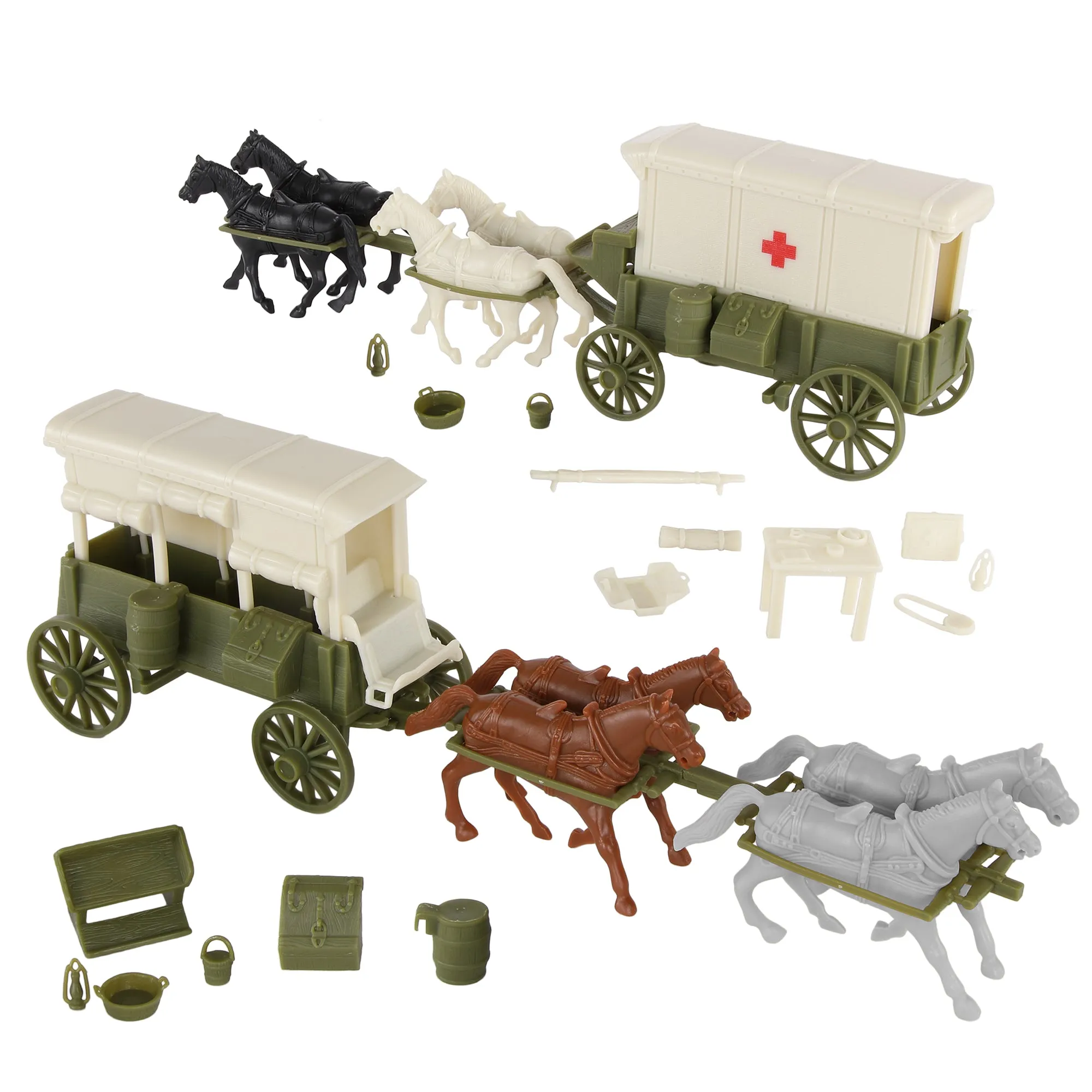 BMC CTS WW1 Ambulance & Supply Wagons - OD Green Square Top Horse Cart Playset