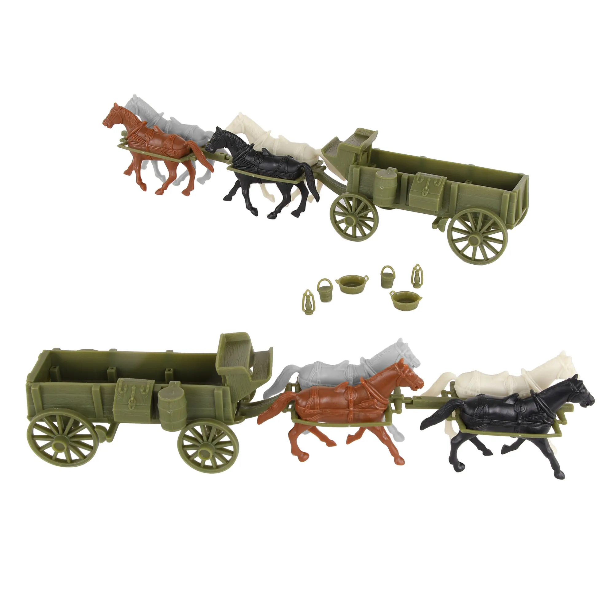 BMC CTS WW1 Ambulance & Supply Wagons - OD Green Square Top Horse Cart Playset