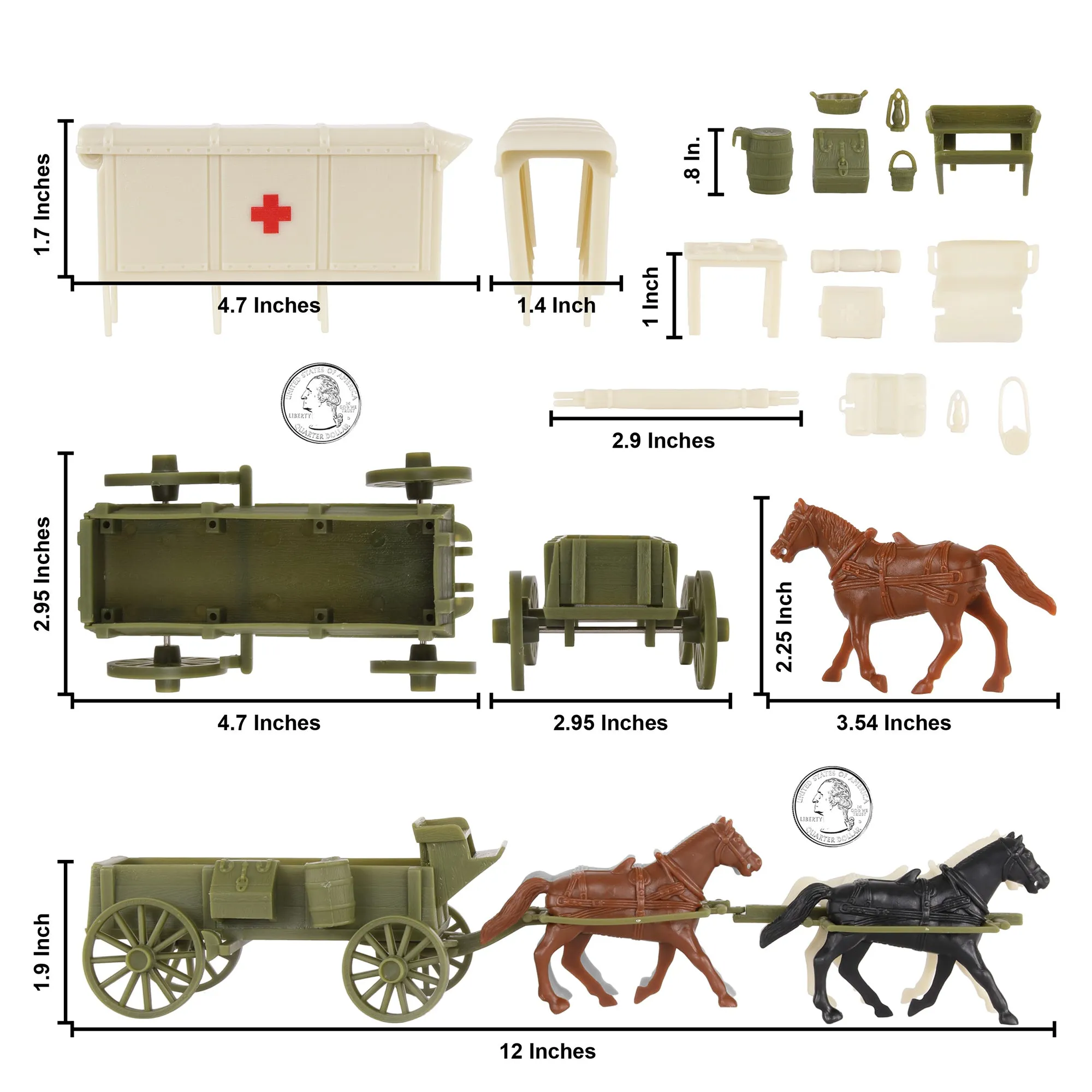 BMC CTS WW1 Ambulance & Supply Wagons - OD Green Square Top Horse Cart Playset