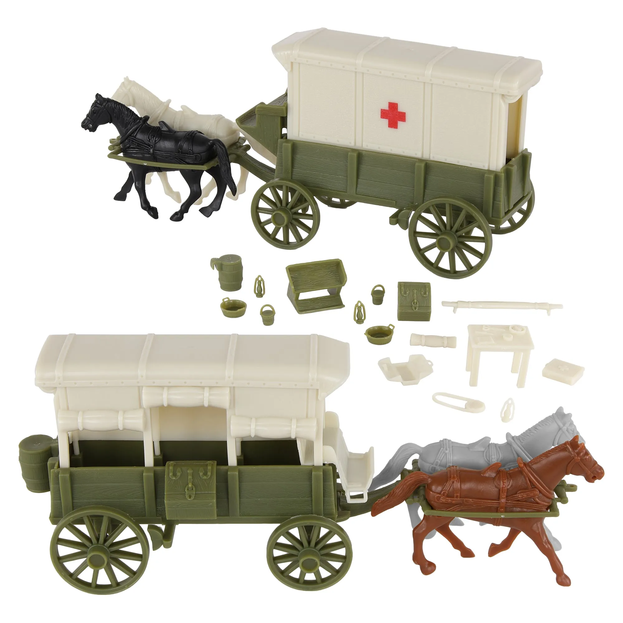 BMC CTS WW1 Ambulance & Supply Wagons - OD Green Square Top Horse Cart Playset