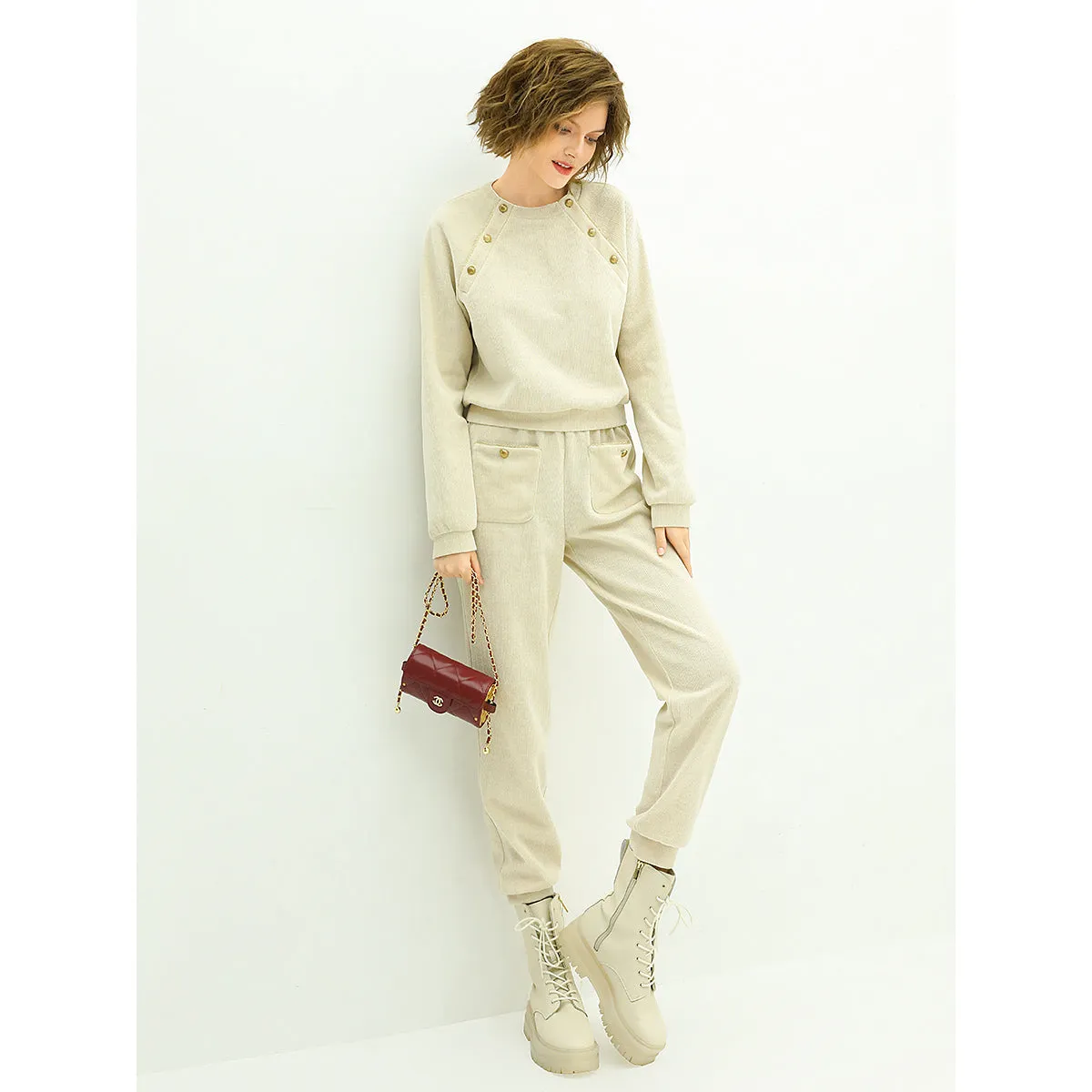 Cream Knitted Sweater Pants with Gold Snap Buttons