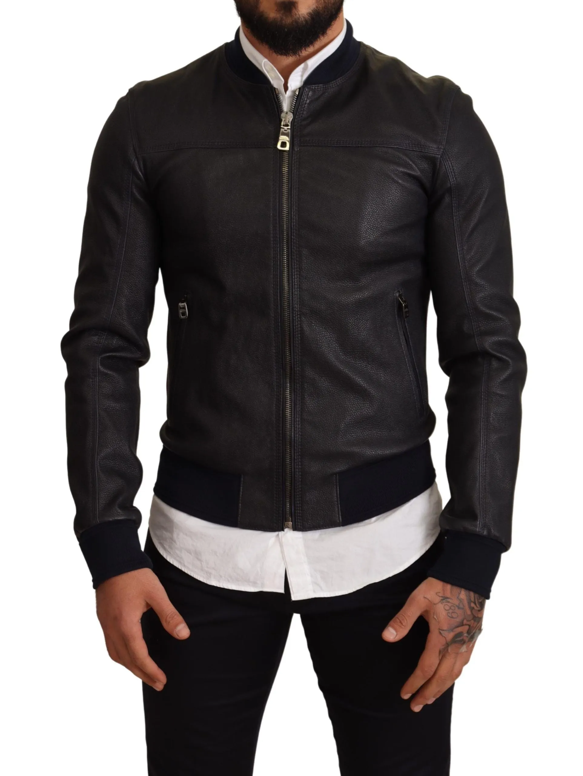 Dolce & Gabbana Elegant Leather Bomber Jacket in Dark Blue