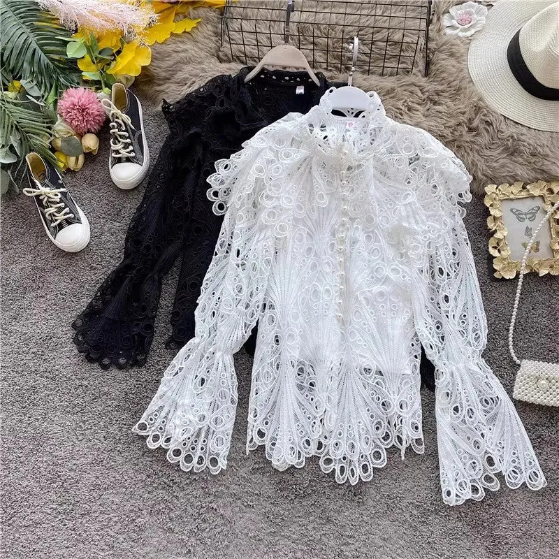 Elegant Lace Bell Sleeve Cardigan Ruffled Long Sleeve Top    S4085