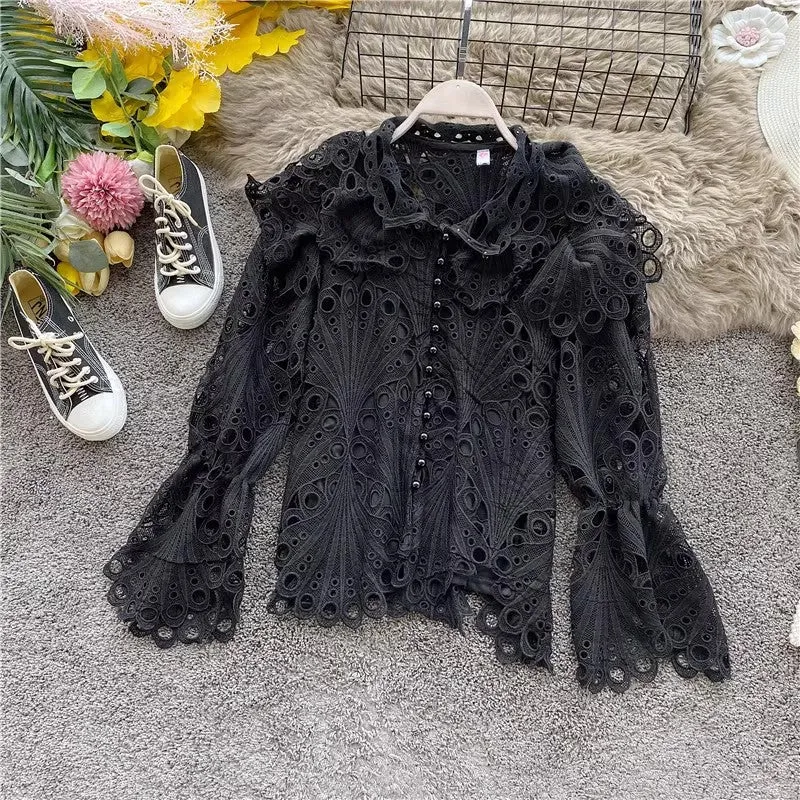 Elegant Lace Bell Sleeve Cardigan Ruffled Long Sleeve Top    S4085