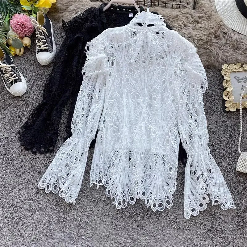 Elegant Lace Bell Sleeve Cardigan Ruffled Long Sleeve Top    S4085