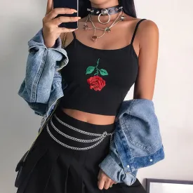 Fashion Sexy Spaghetti Strap Cute Black Floral Embroidery Cropped Crop Top Sleeveless