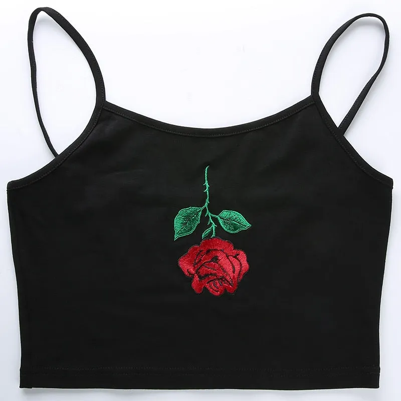 Fashion Sexy Spaghetti Strap Cute Black Floral Embroidery Cropped Crop Top Sleeveless