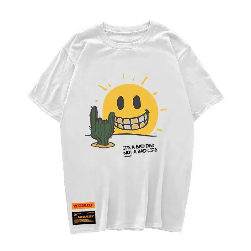 Funny Smile Sun Cactus Print Short Sleeve Tshirts Hip Hop Casual Streetwear T Shirts Tees Hipster Mens Harajuku Tops