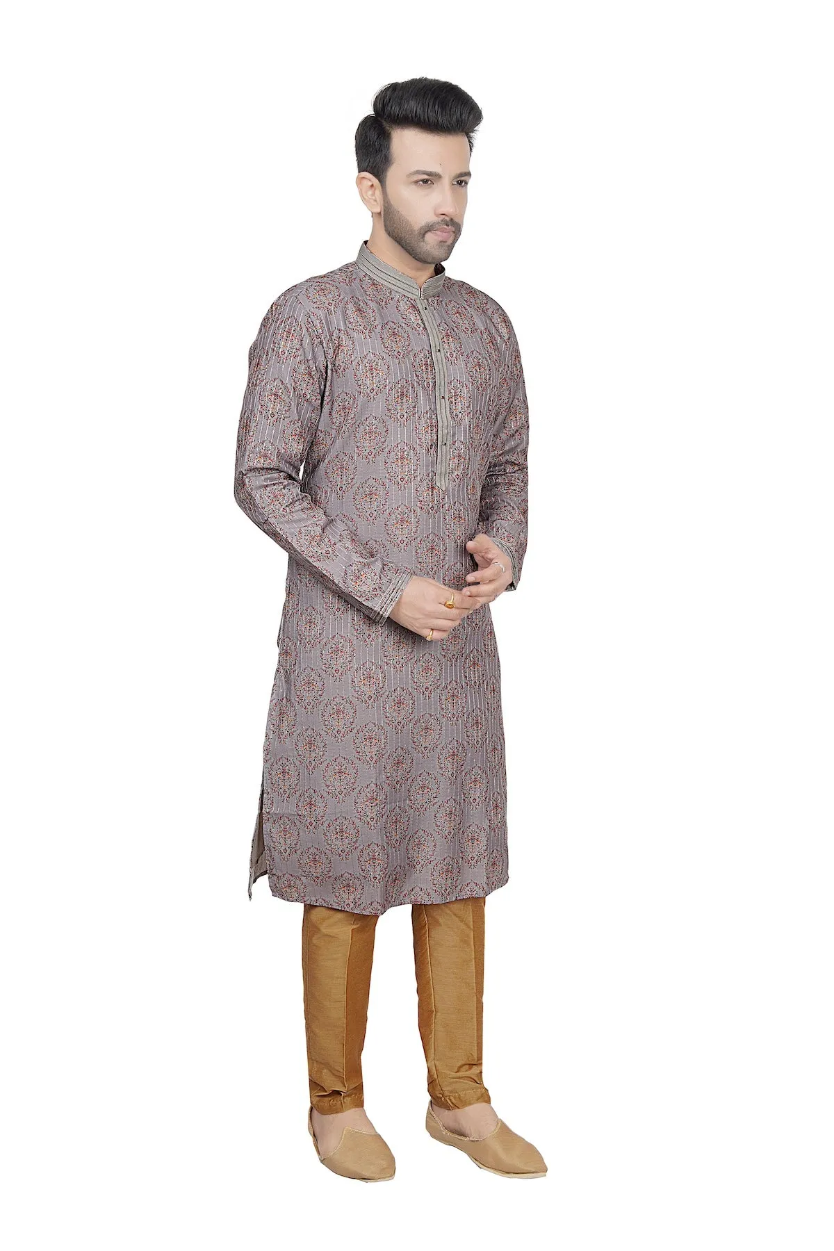 Grey printed men kurta set