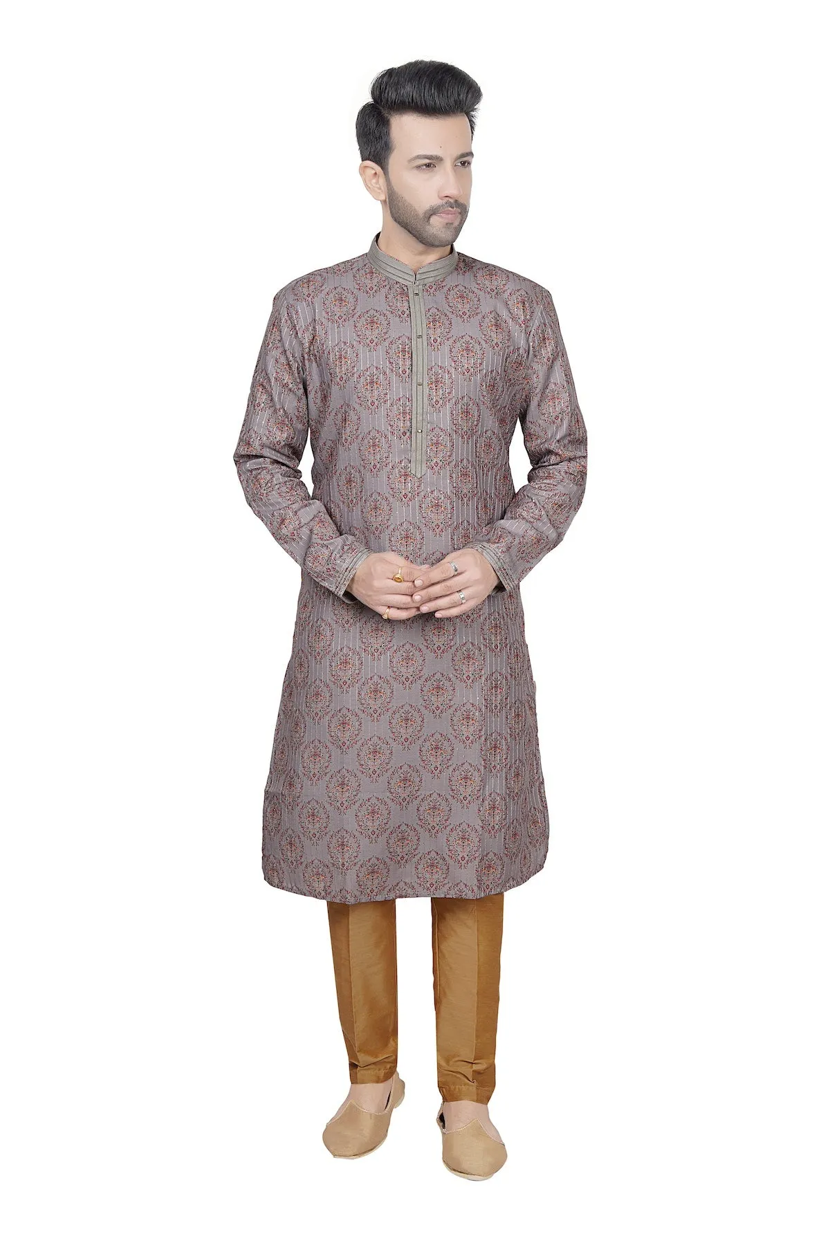 Grey printed men kurta set