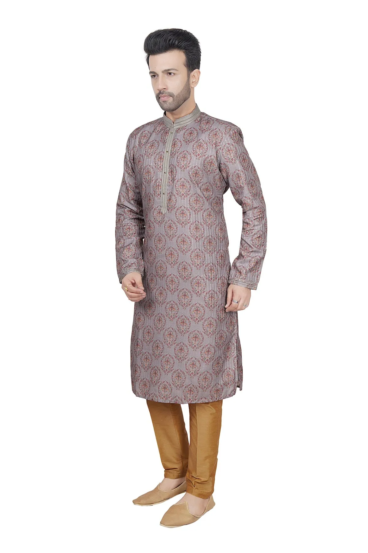 Grey printed men kurta set