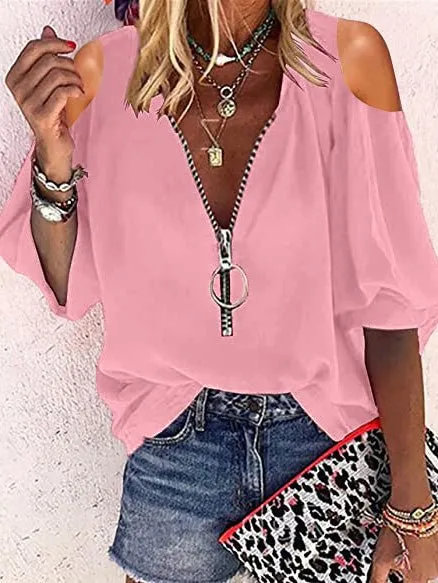 KittenAlarm - V-Neck Zip Off-Shoulder Long Sleeve Blouse