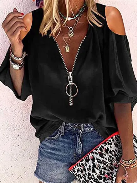 KittenAlarm - V-Neck Zip Off-Shoulder Long Sleeve Blouse