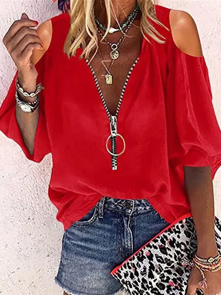 KittenAlarm - V-Neck Zip Off-Shoulder Long Sleeve Blouse