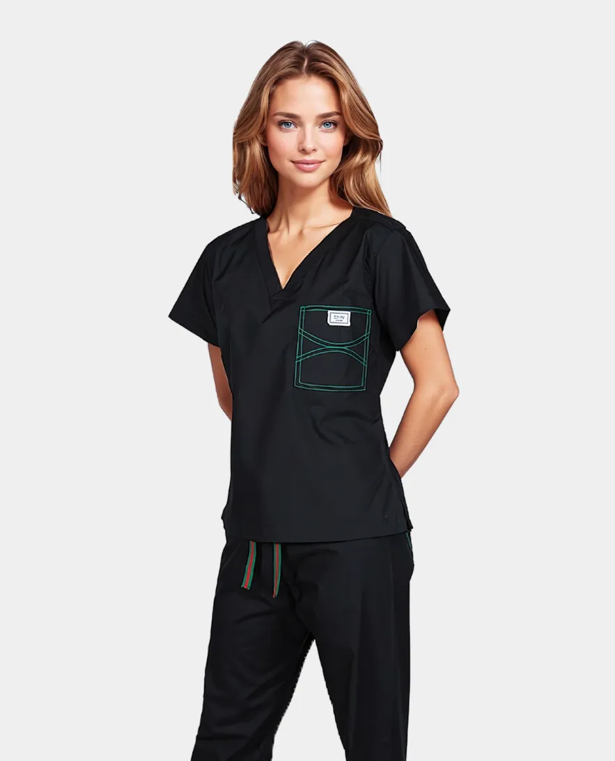 Limited Edition Shelby Scrub Tops - Black With Emerald Green Stitching