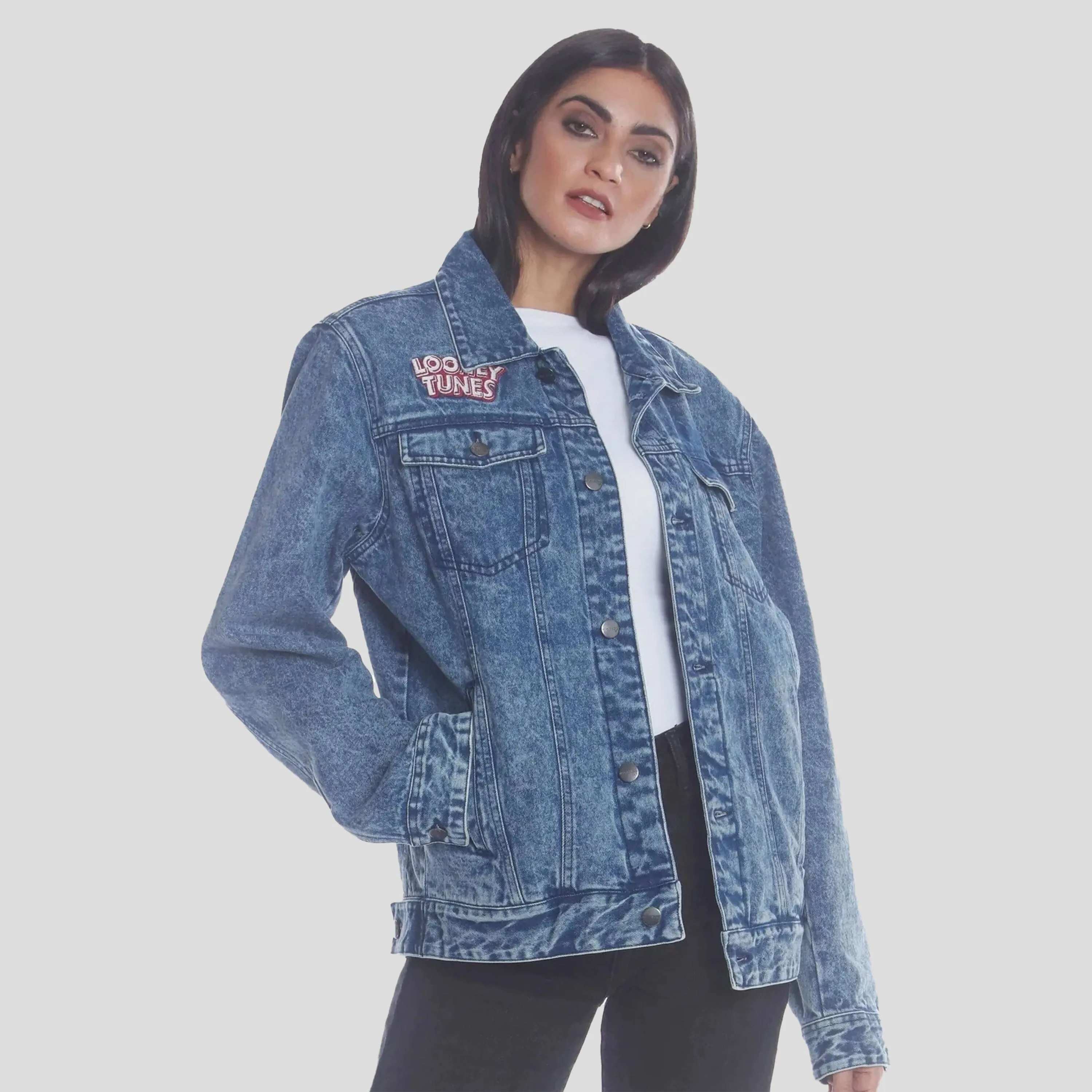 Members Only Women's Denim Looney Tunes Bugs Placement Oversized Jacket