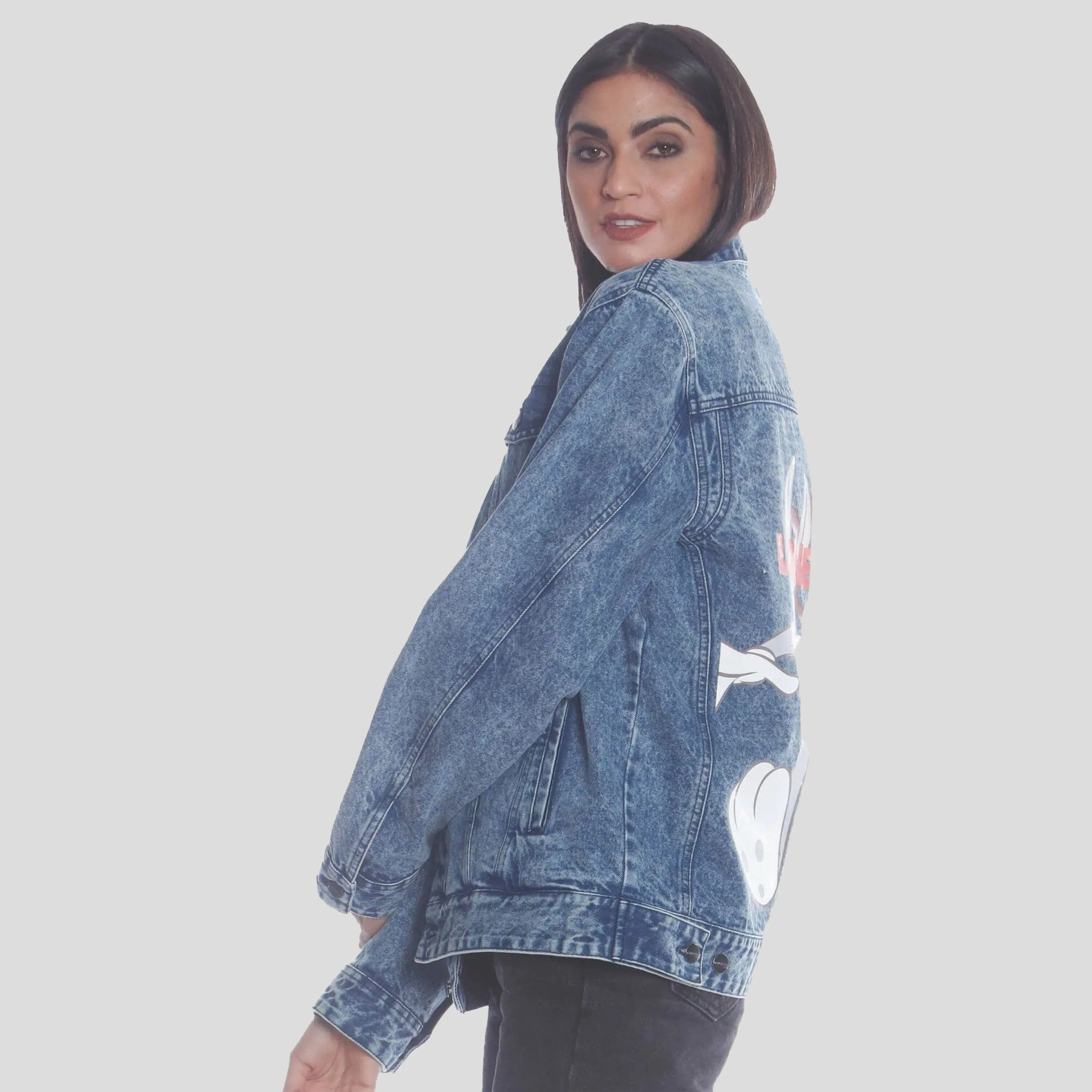 Members Only Women's Denim Looney Tunes Bugs Placement Oversized Jacket