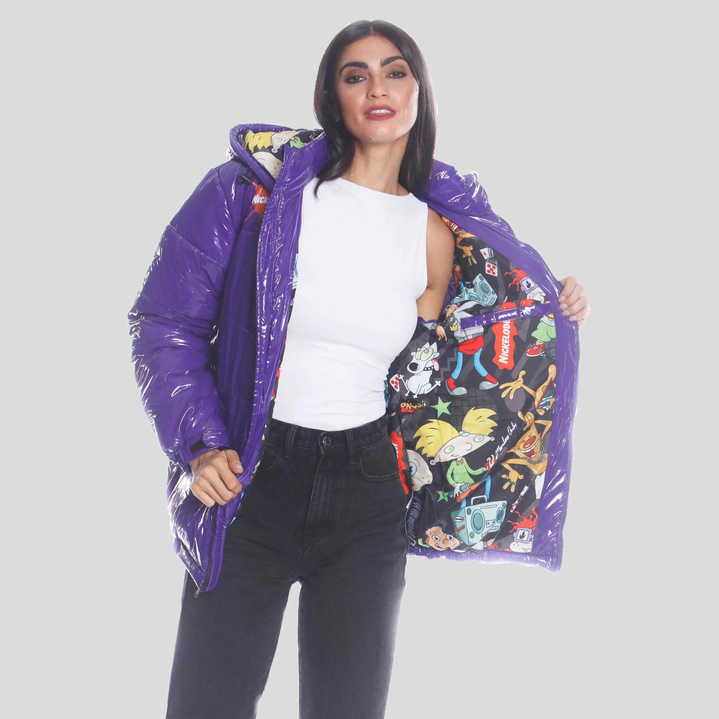 Members Only Women's Nickelodeon Shiny Collab Puffer Oversized Jacket