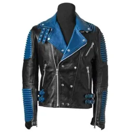 Men Blue Black Motorbike Leather Jacket, Classic Trendy Scooter Fashion Jacket