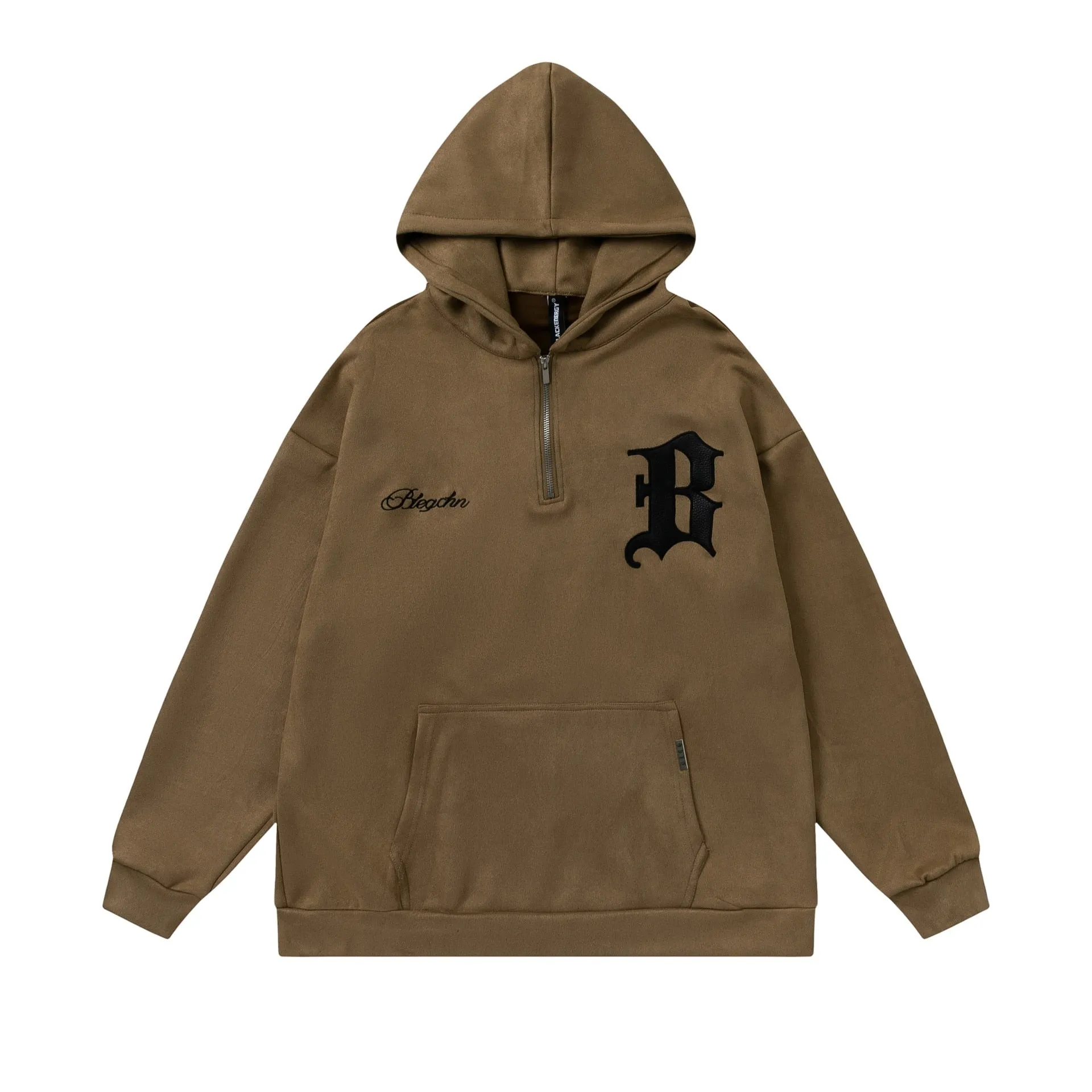 Men Oversized Sweatshirts Hoodie Women Suede Embroidered Letter Half Zip Pullover Hip Hop Streetwear Hoodies Black