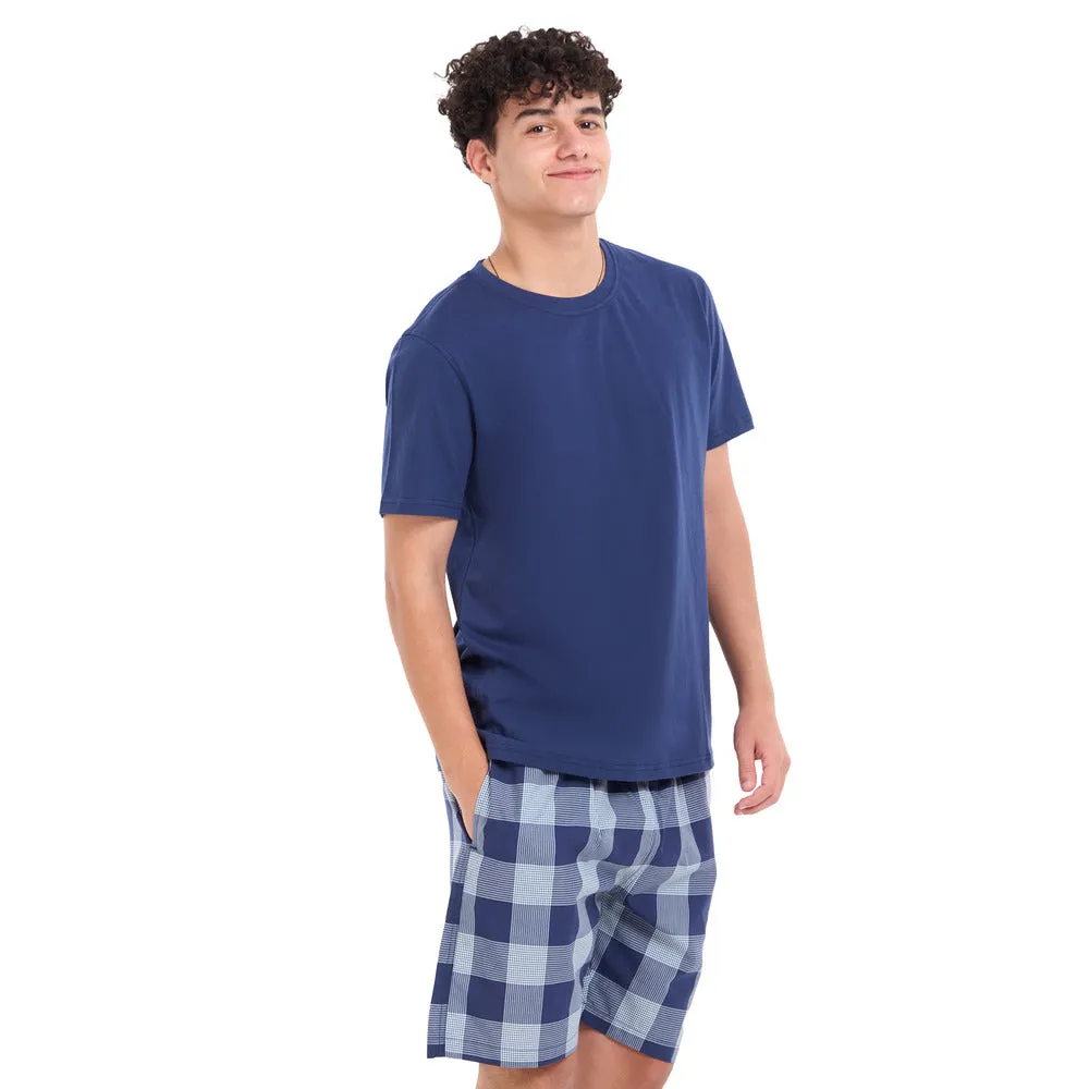 Men summer pajama set Dark blue T-shirt   Light blue x dark blue Checkered shorts