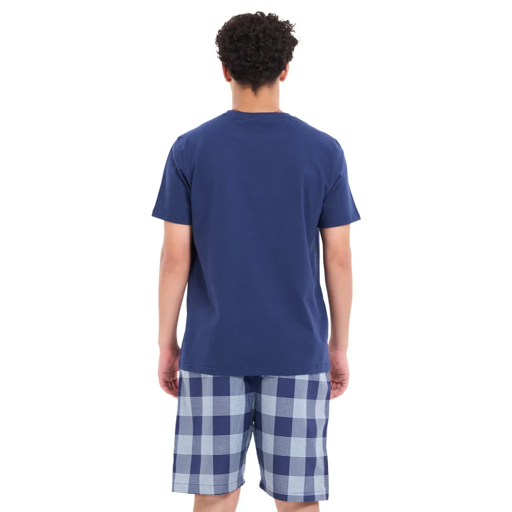 Men summer pajama set Dark blue T-shirt   Light blue x dark blue Checkered shorts