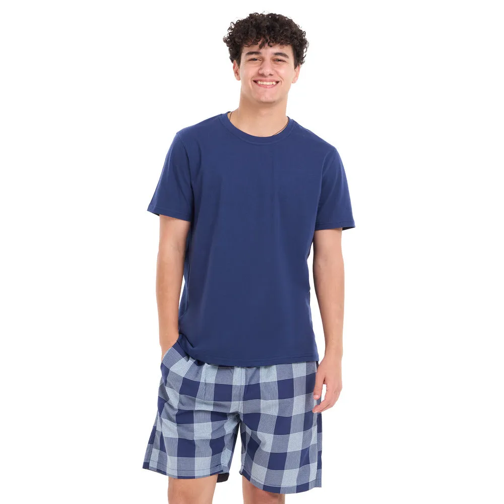 Men summer pajama set Dark blue T-shirt   Light blue x dark blue Checkered shorts