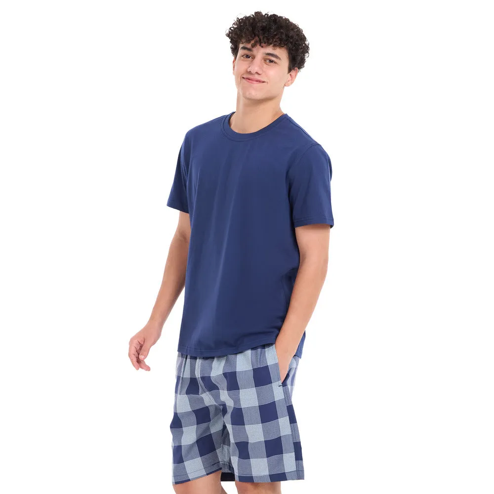 Men summer pajama set Dark blue T-shirt   Light blue x dark blue Checkered shorts