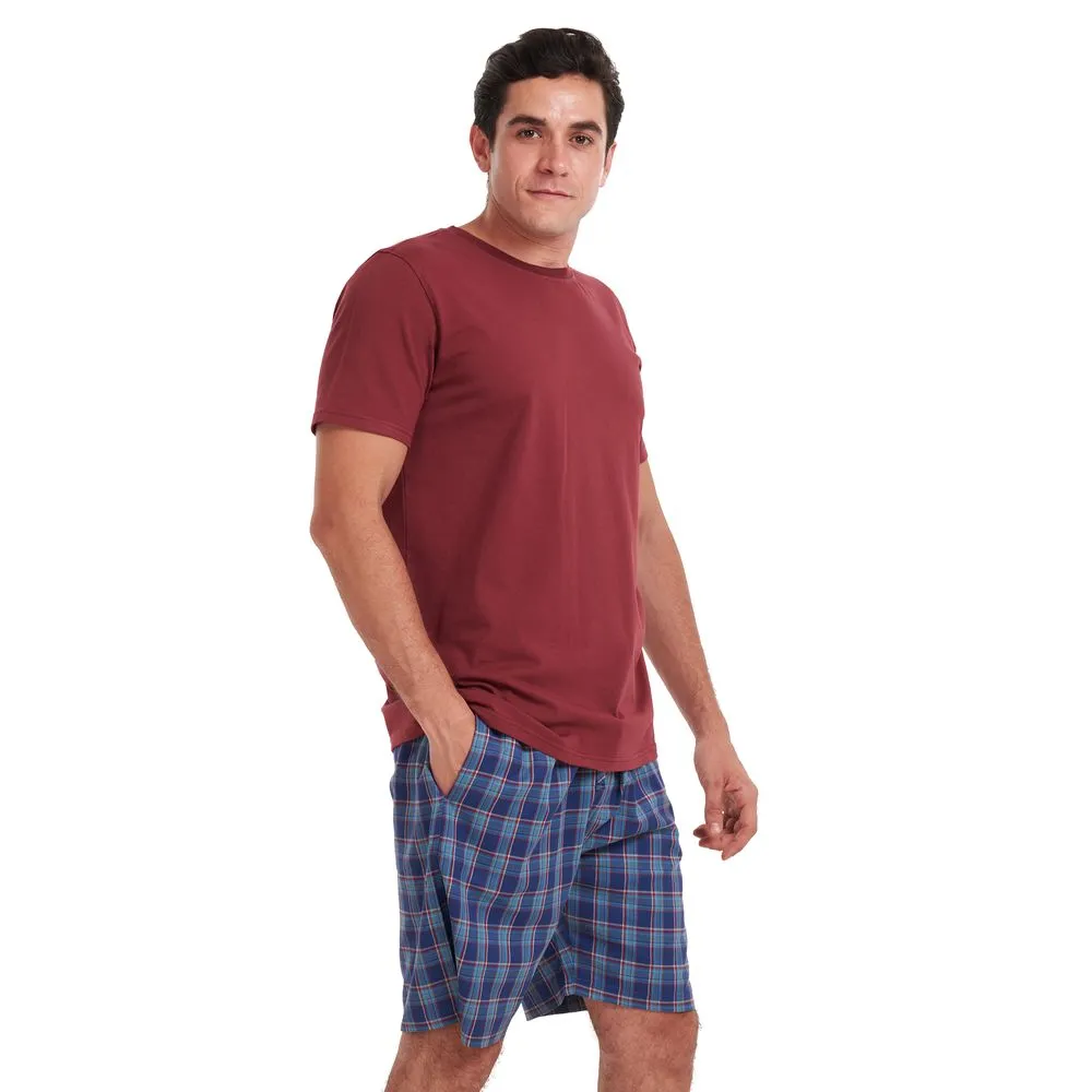 Men summer pajama set Dark Red t-shirt   Dark Blue x teal checkered shorts