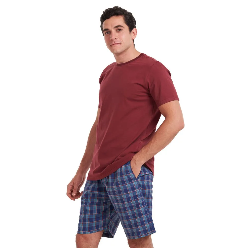 Men summer pajama set Dark Red t-shirt   Dark Blue x teal checkered shorts