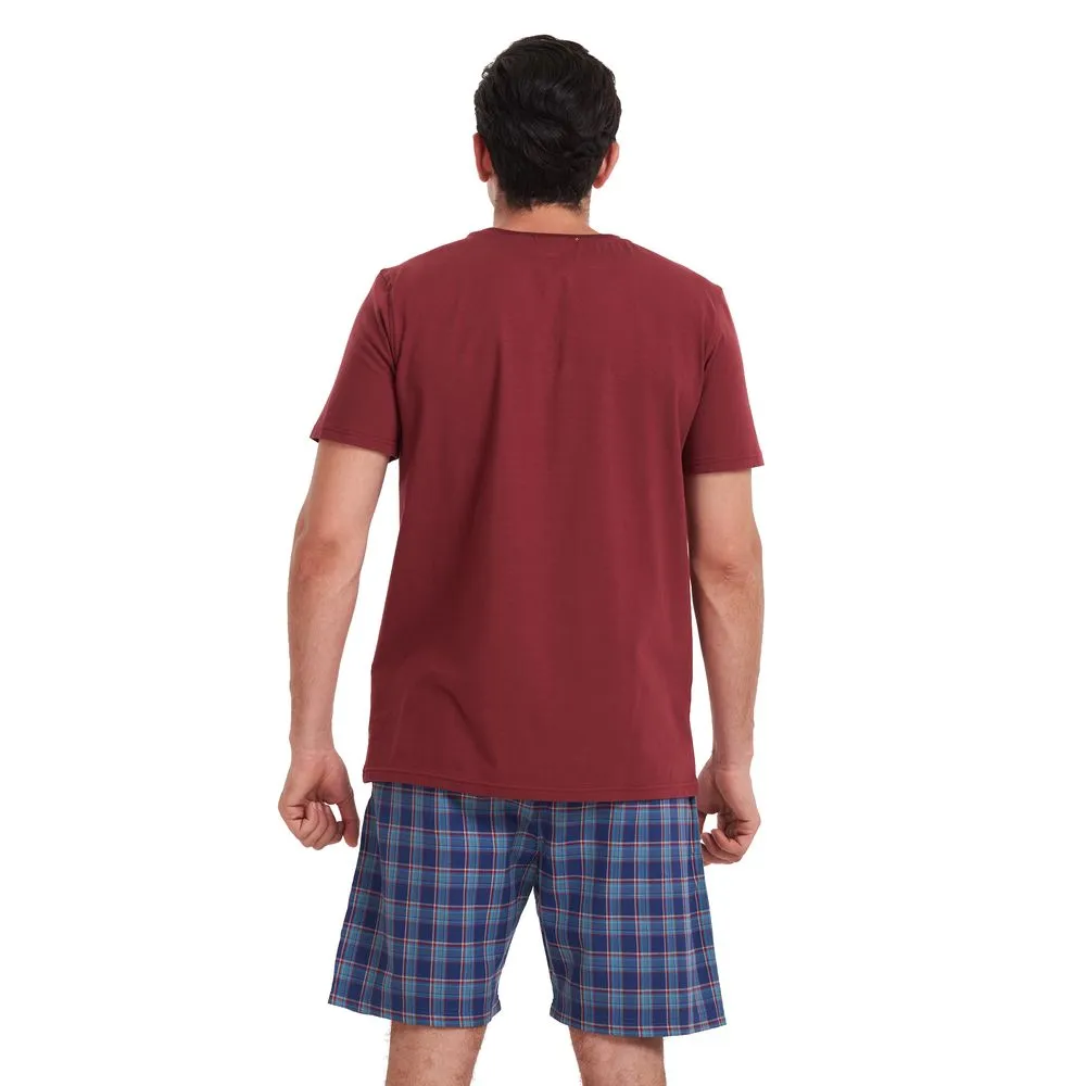 Men summer pajama set Dark Red t-shirt   Dark Blue x teal checkered shorts