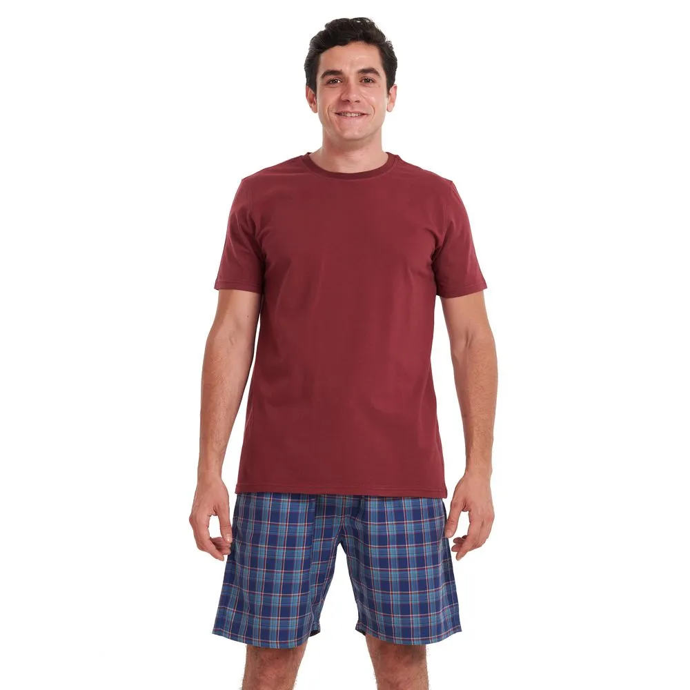 Men summer pajama set Dark Red t-shirt   Dark Blue x teal checkered shorts