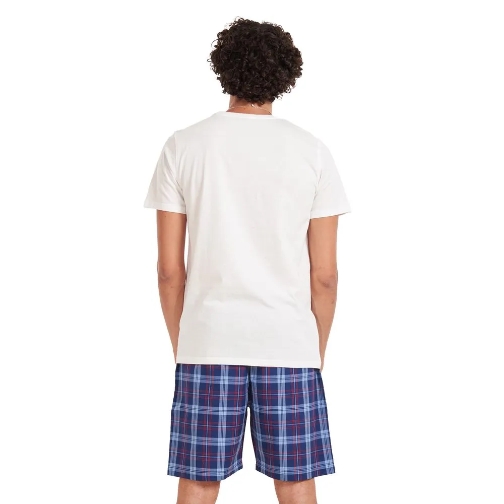 Men summer pajama set Off-white T-shirt   Red × Blue checkered shorts