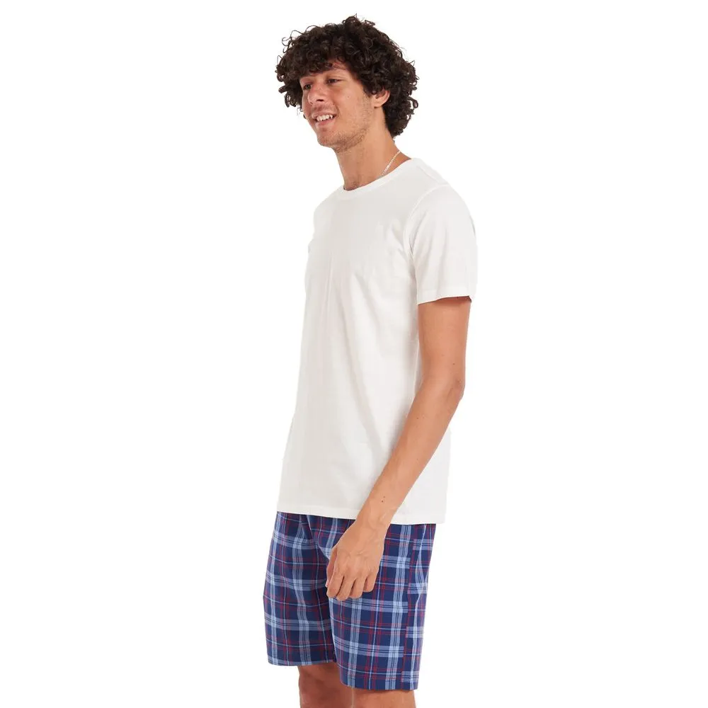 Men summer pajama set Off-white T-shirt   Red × Blue checkered shorts