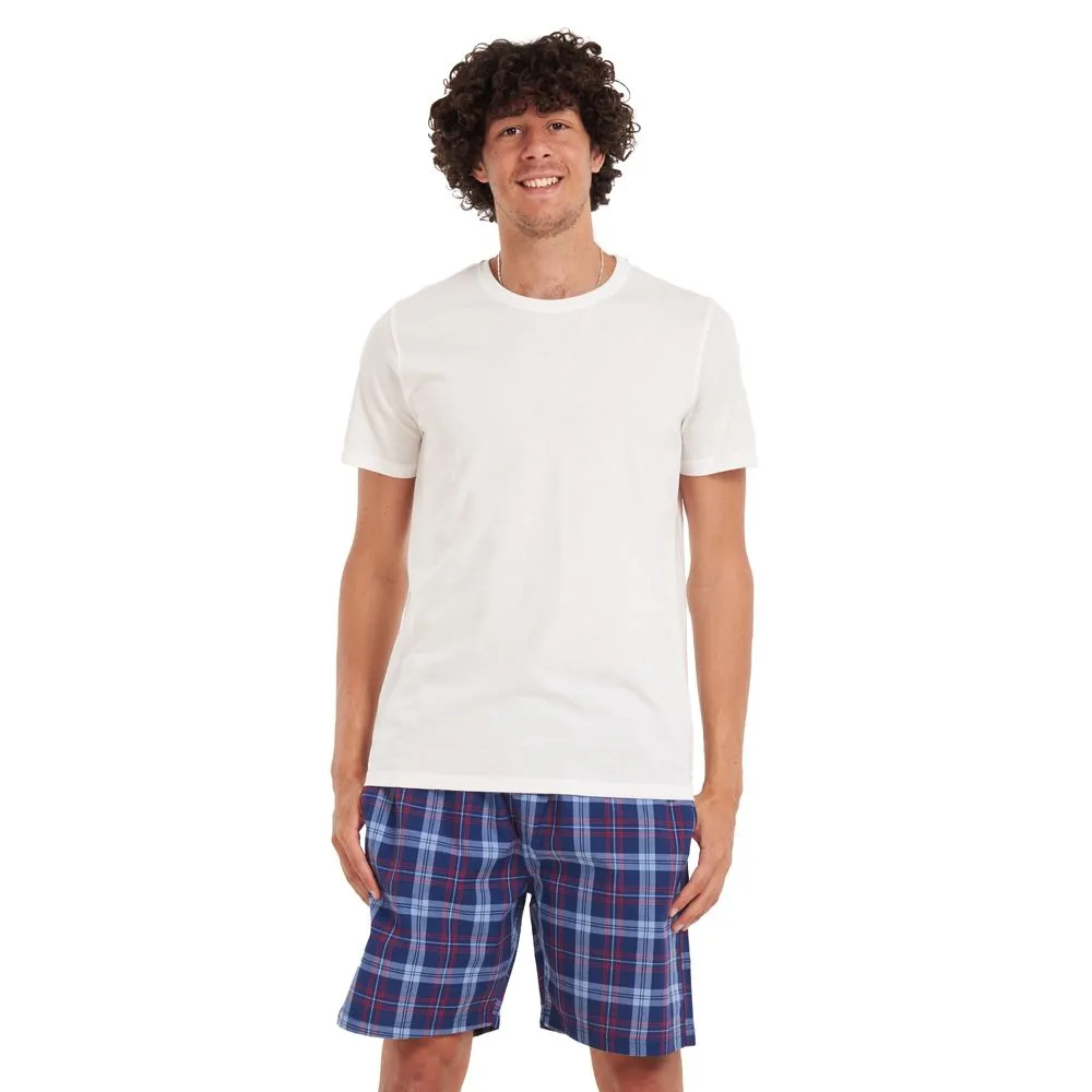 Men summer pajama set Off-white T-shirt   Red × Blue checkered shorts