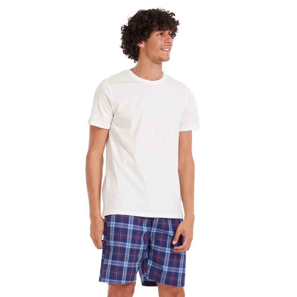 Men summer pajama set Off-white T-shirt   Red × Blue checkered shorts