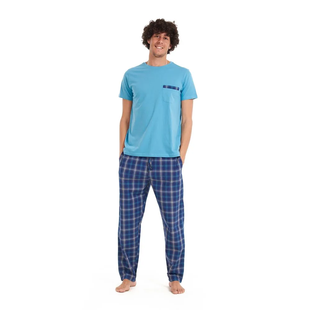 Men summer pajama set Turquoise T-shirt   Dark blue x turquoise checkered pants