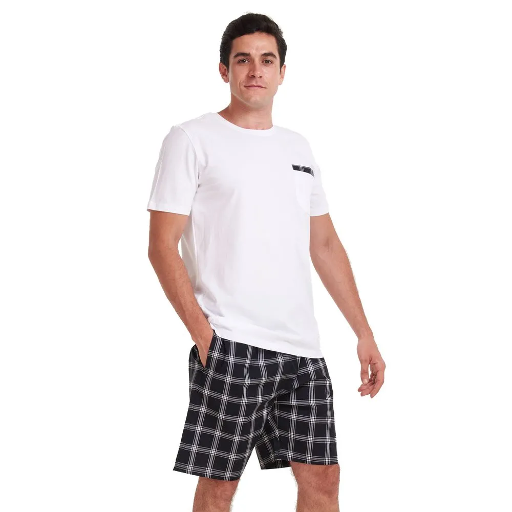 Men summer pajama set White t-shirt   Black x Grey checkered shorts